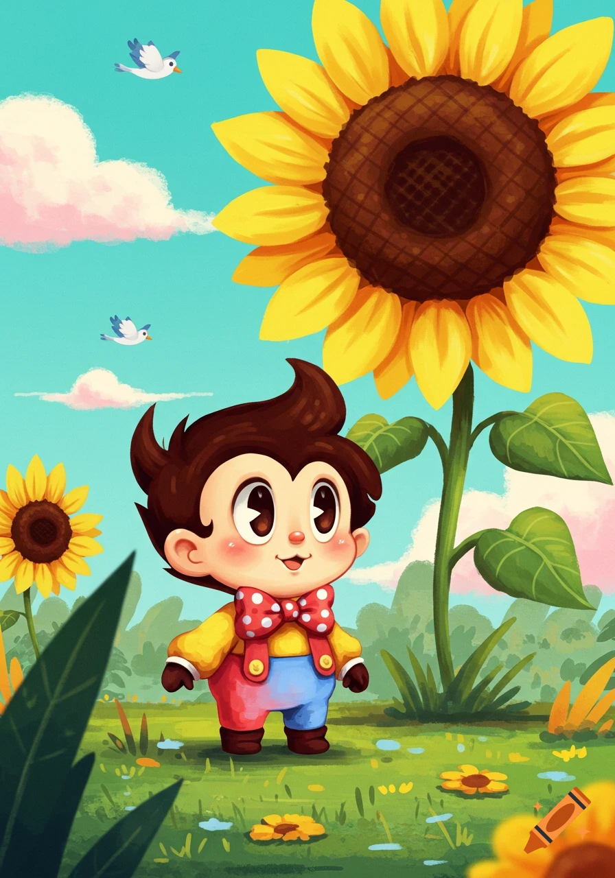 A cute, smiling cartoon boy with a red polka-dot bow tie stands in a field of sunflowers under a blue sky with clouds and birds.