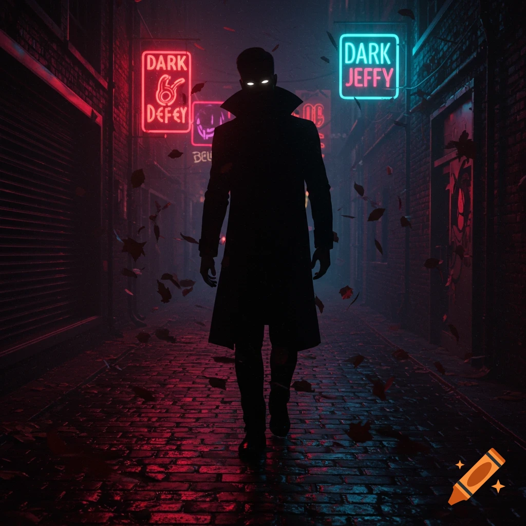 A shadowy figure with glowing eyes stands in a dark, wet alley lit by red and blue neon signs.