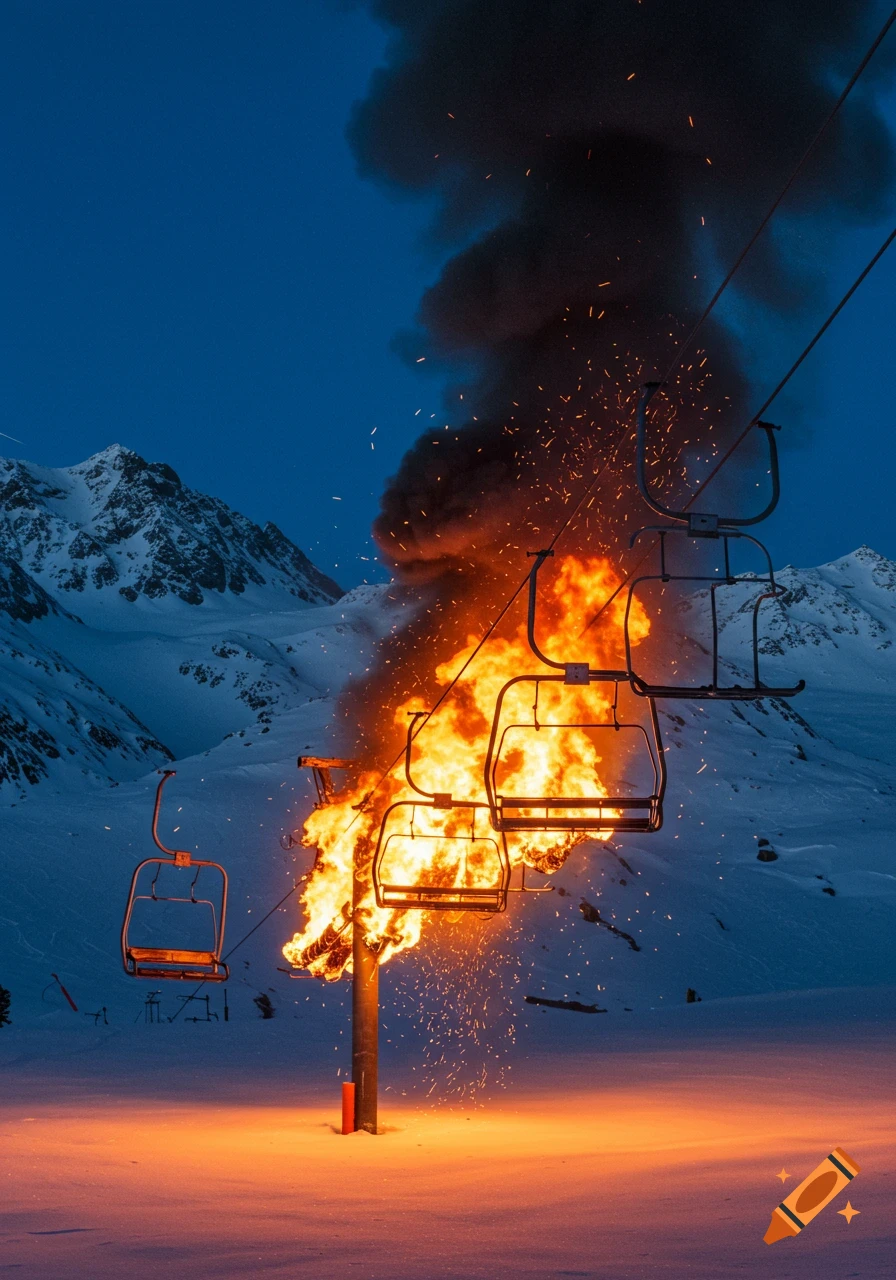 Photorealistic image of a ski lift engulfed in large flames and dark smoke, surrounded by snow-covered mountains at dusk.