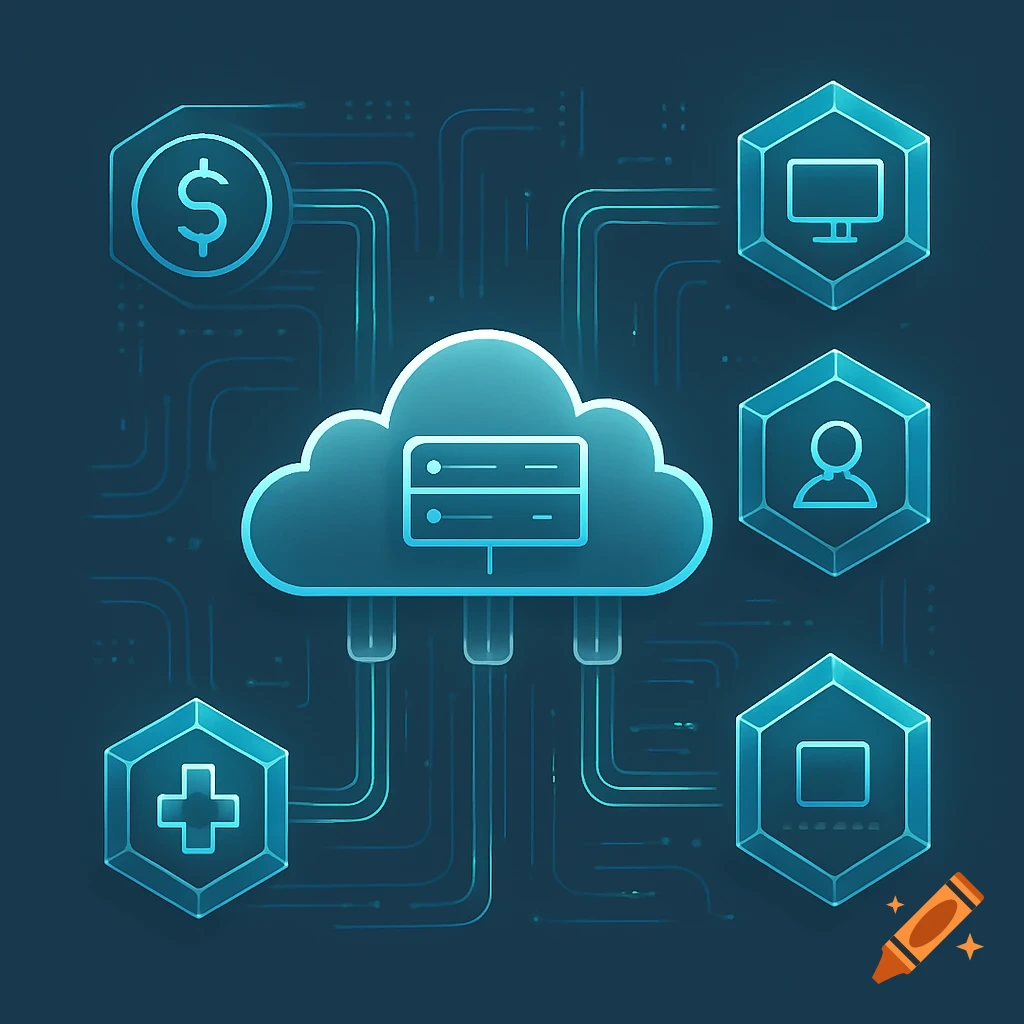 Blue glowing cloud computing diagram with server racks connected to hexagonal icons for money, monitor, user, and medical services.
