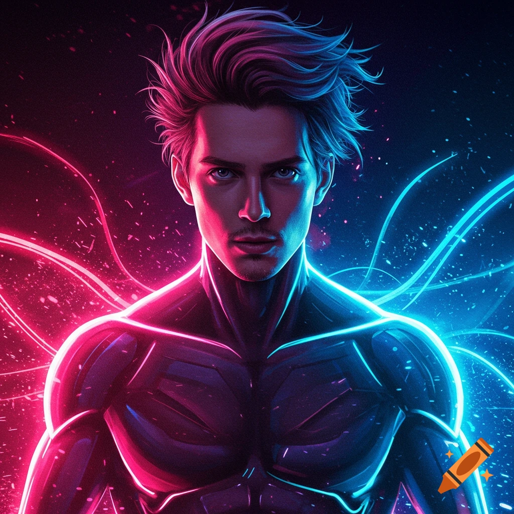 Stylized man with spiky hair and glowing pink and blue light effects, a vibrant anime character in digital art.