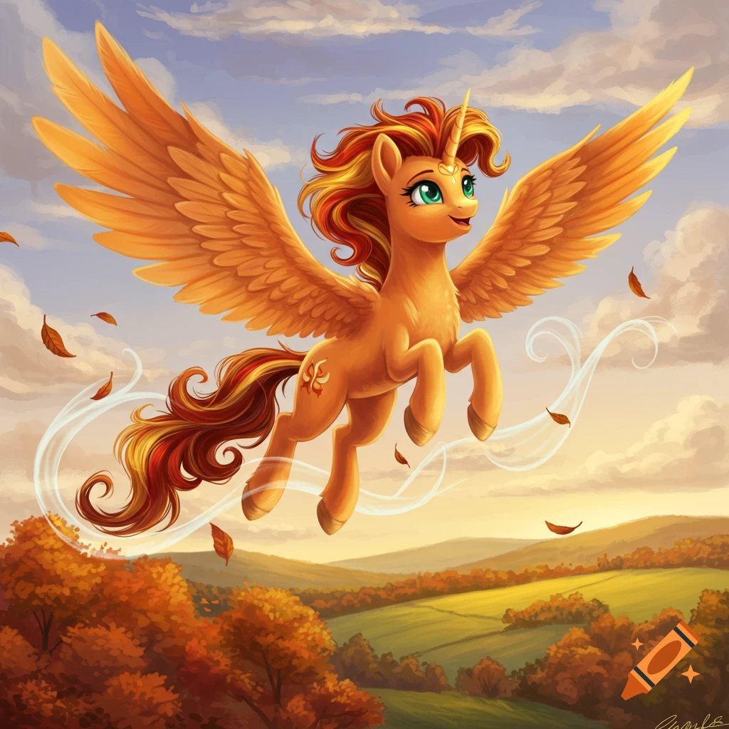 A cheerful orange cartoon pegasus unicorn with a fiery mane flies over a colorful autumn landscape under a cloudy sky.