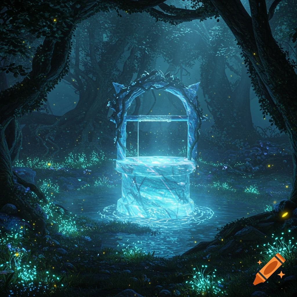 A glowing blue magical well stands in a dark, enchanted forest surrounded by bioluminescent plants.