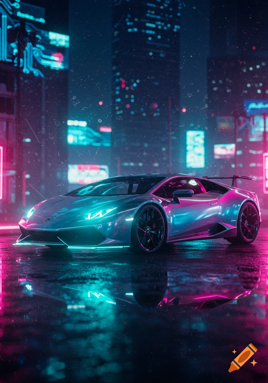 A sleek, silver sports car with neon teal and pink lights parked on a wet street in a futuristic cyberpunk city at night.