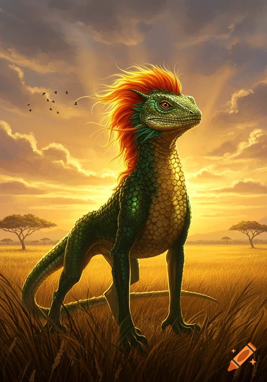 A green, scaled fantasy creature with a fiery red mane stands in golden savanna grass at sunset, with acacia trees and birds.