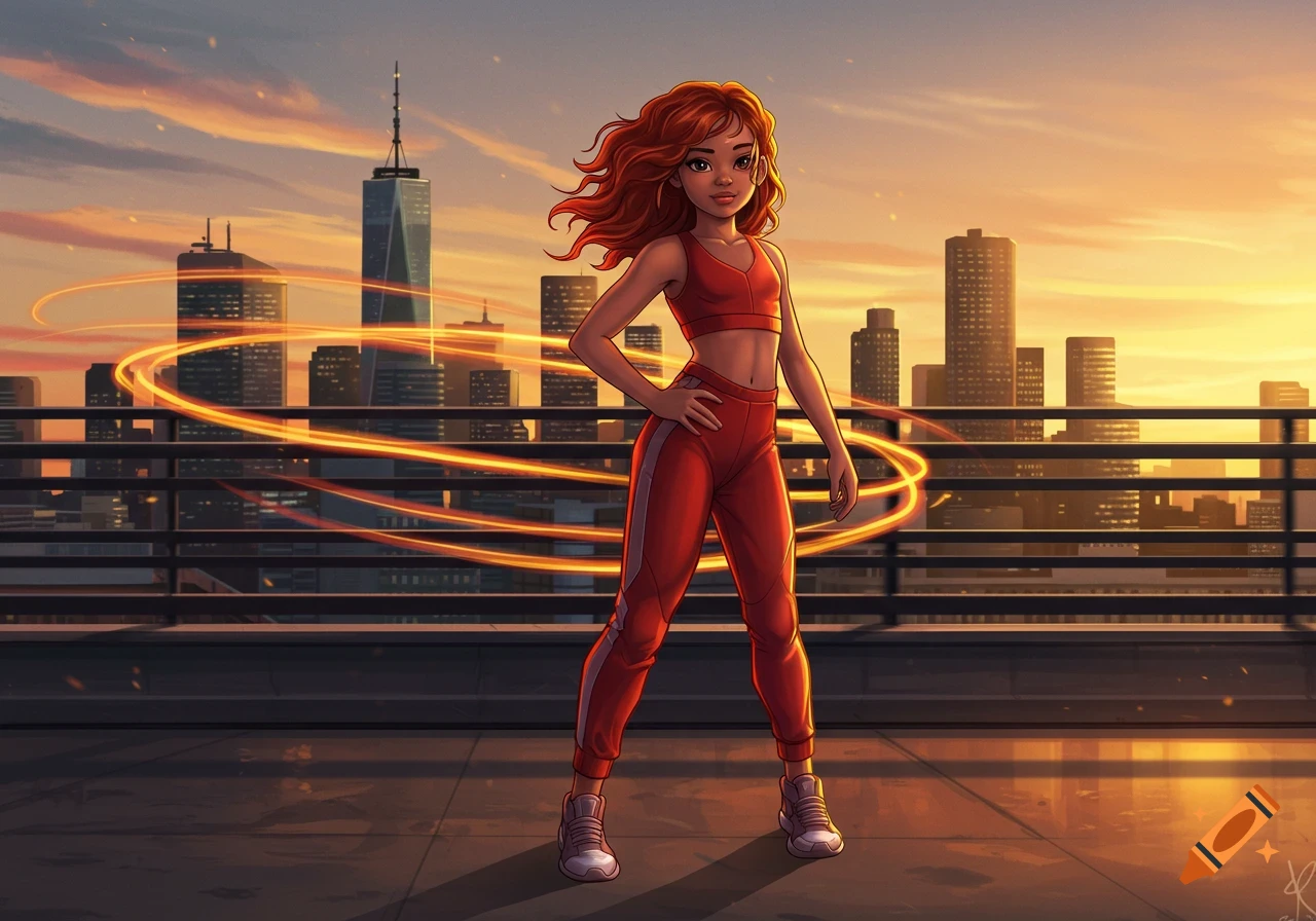 A stylized illustration of a girl in a red tracksuit on a city rooftop at sunset, with golden light trails.