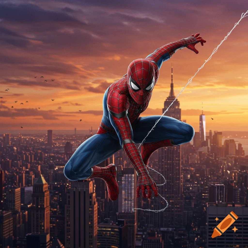 Spider-Man swings through a city at sunset, with the Empire State Building visible in the background.