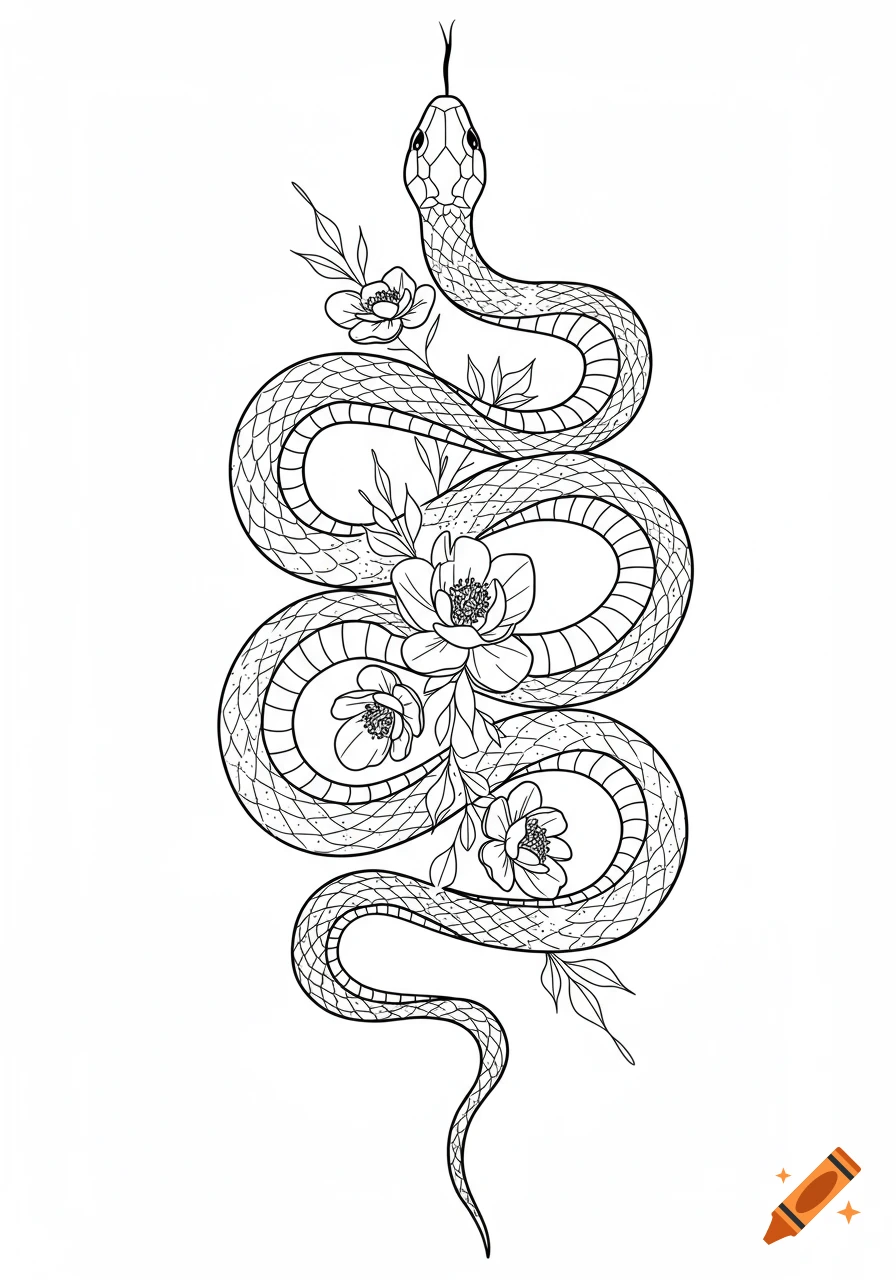 Black and white line art of a winding snake with a forked tongue, entwined with flowers and leaves.