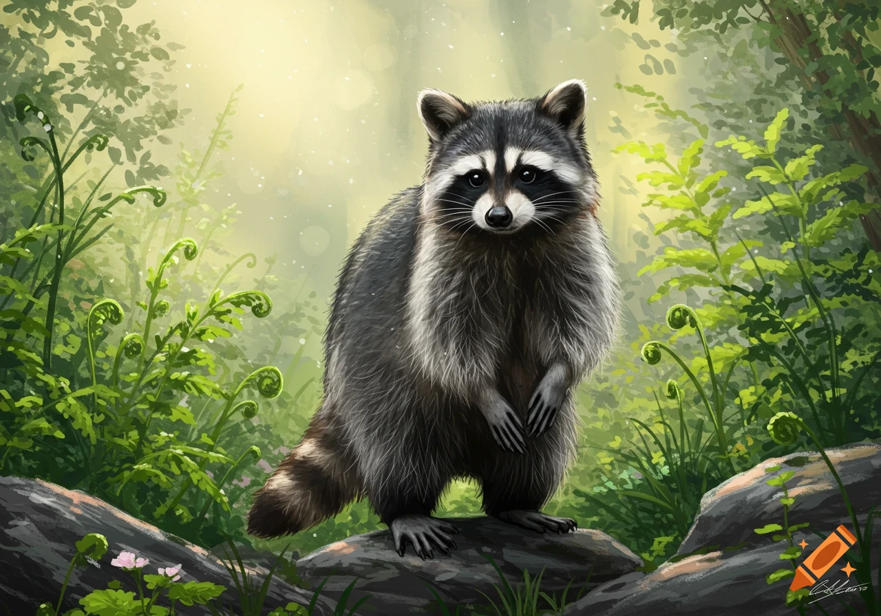 A fluffy raccoon stands on a rock in a lush, sun-dappled forest, surrounded by green ferns and foliage, in an illustrative style.