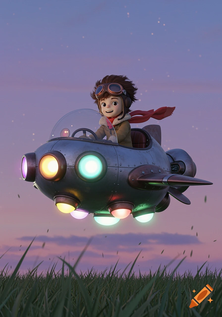 A young boy in Ghibli style, wearing flight goggles and a red scarf, pilots a glowing UFO over green grass at dusk.