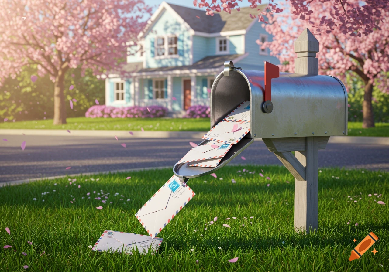 A suburban mailbox overflowing with letters in front of a house with cherry blossoms, digital art.