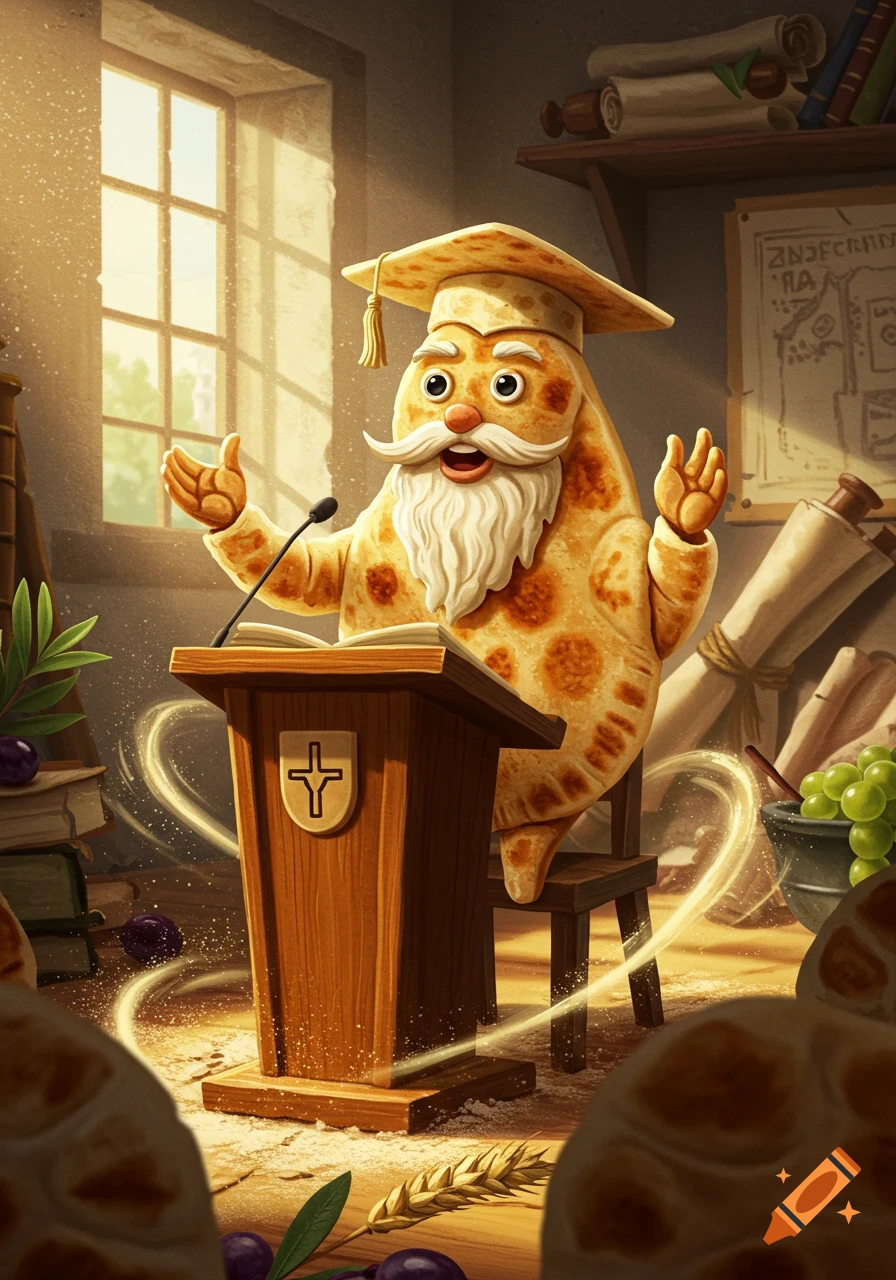 A cartoon anthropomorphic pita bread professor with a white beard and graduation cap speaks at a wooden podium in a sunlit study.