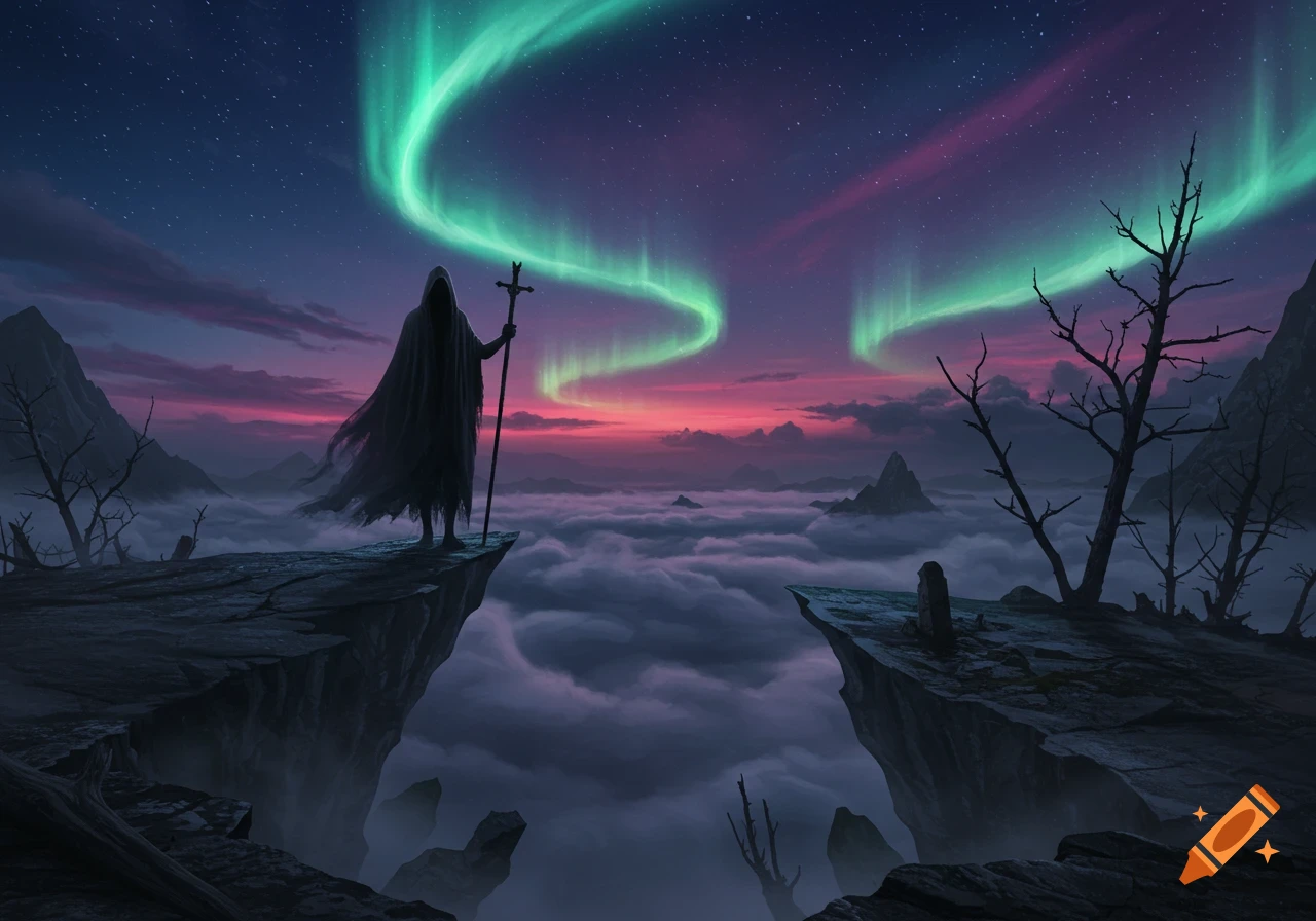 A dark, hooded figure stands on a cliff overlooking a cloud-filled valley under a starry sky with a vibrant aurora borealis.