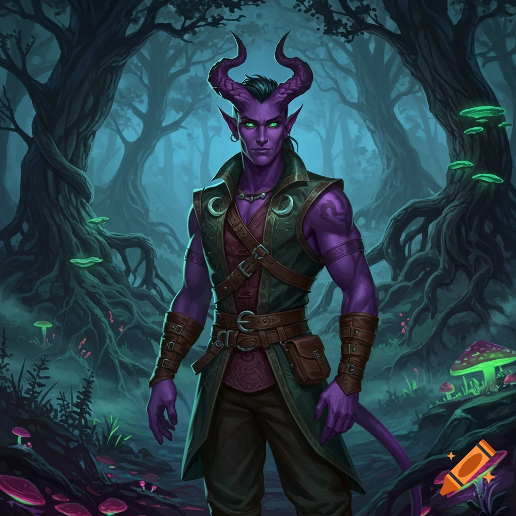 Purple-skinned male tiefling with green eyes and horns in a dark, mystical forest with glowing mushrooms. Fantasy art.