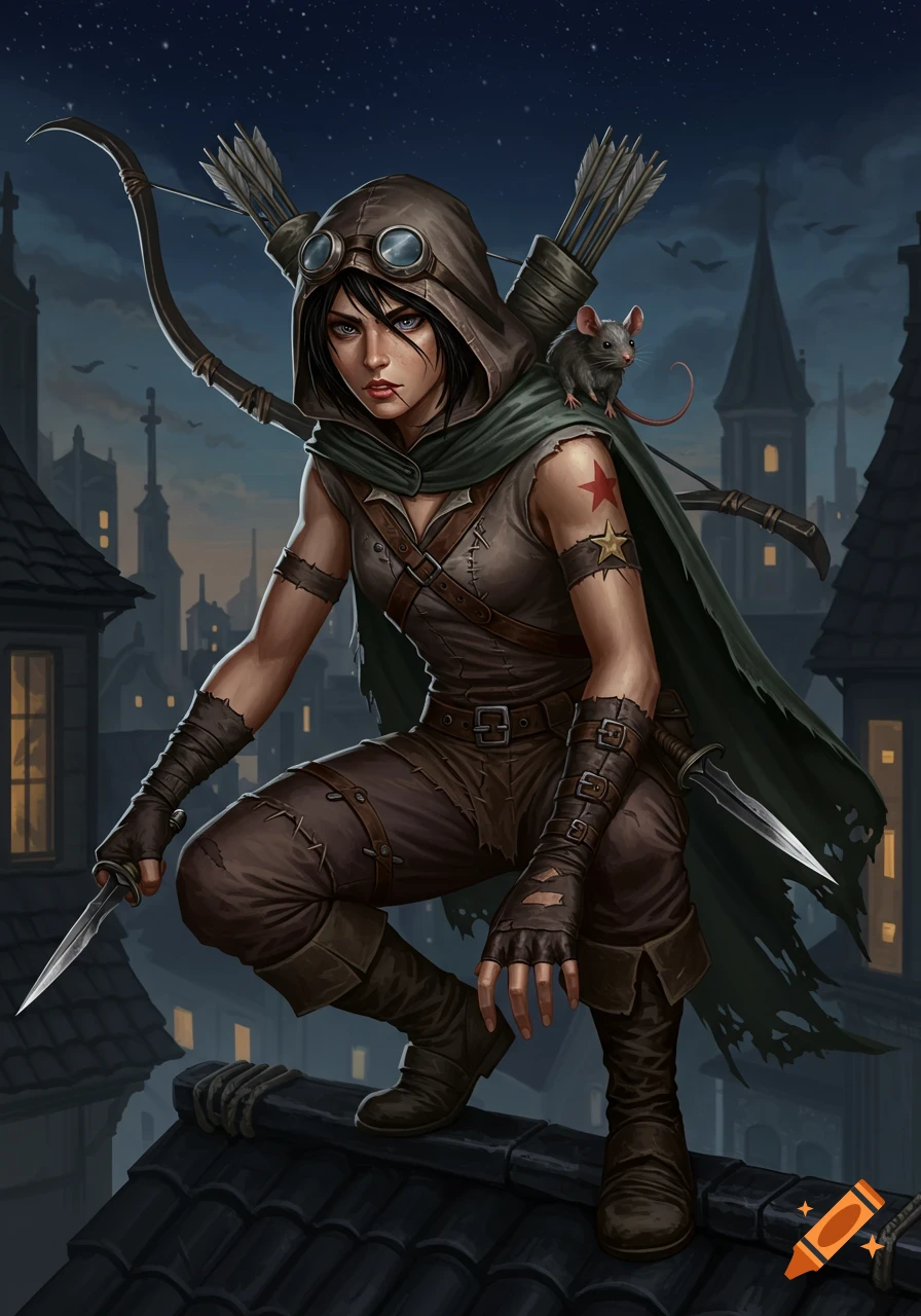 A female fantasy rogue with a bow and daggers crouches on a nighttime city rooftop, a small mouse on her shoulder.
