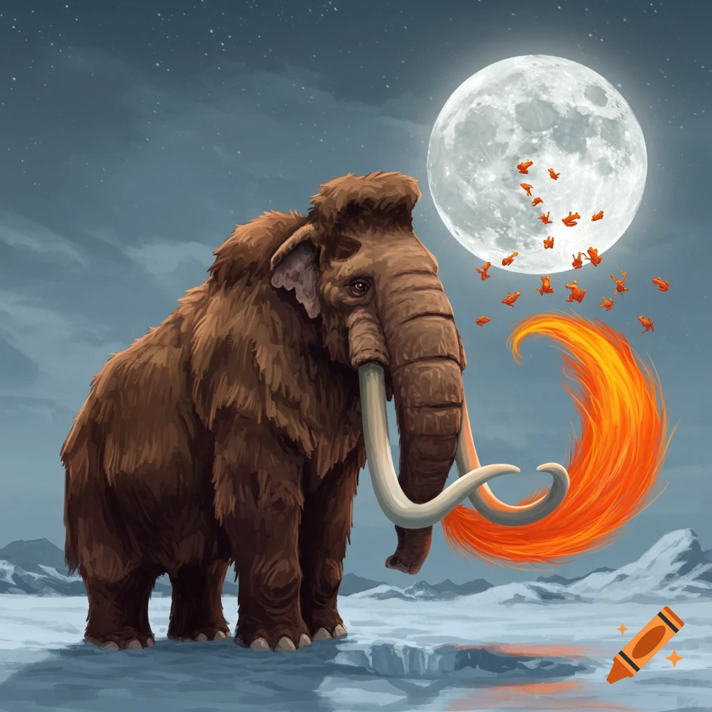An illustrated woolly mammoth with a fiery orange tail stands on ice, looking at a full moon dotted with orange frogs in a night sky.