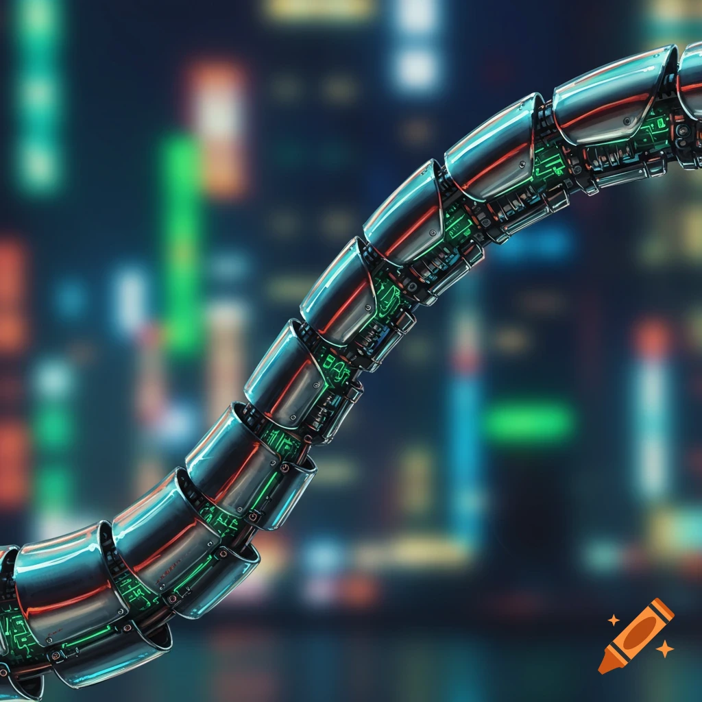 Segmented metallic robot tail with glowing green circuits, against a blurred neon city background.