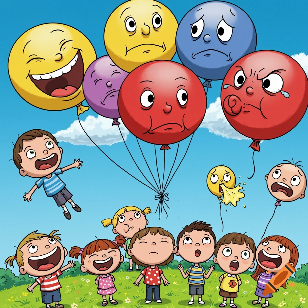 Colorful cartoon of excited children looking up at balloons depicting various exaggerated emotions in a blue sky.
