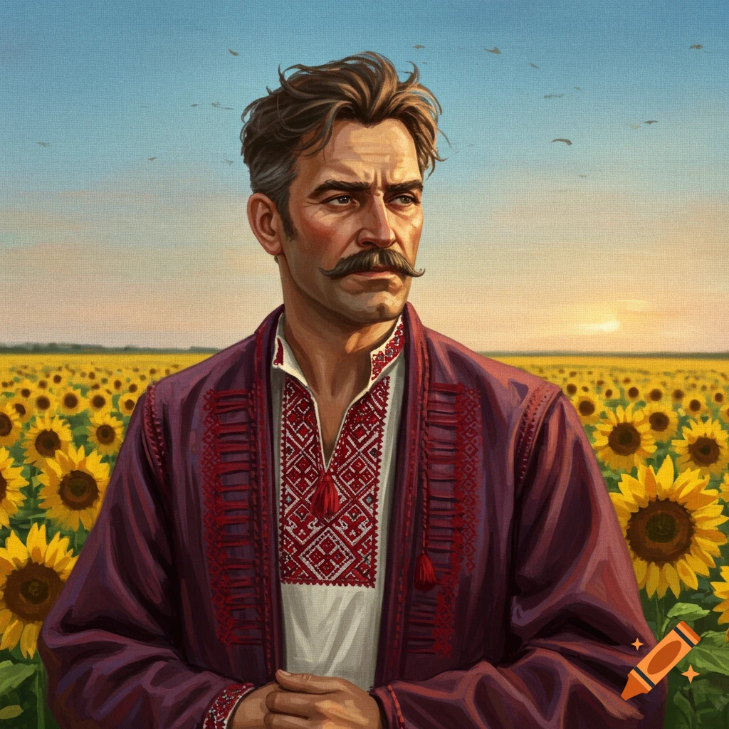 Painting of a Ukrainian man with a mustache in traditional embroidered clothing, standing in a sunflower field at sunset.