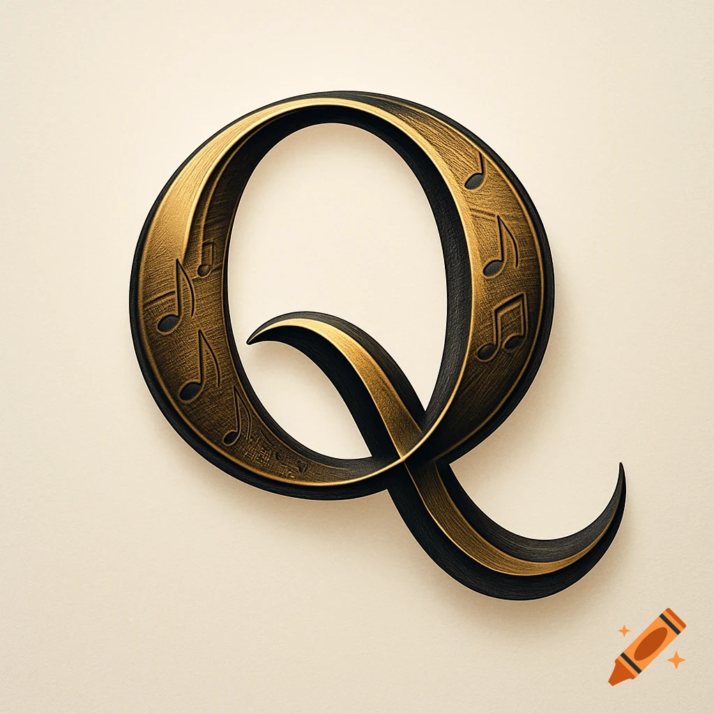 Ornate golden and black letter Q decorated with musical notes on a light background.