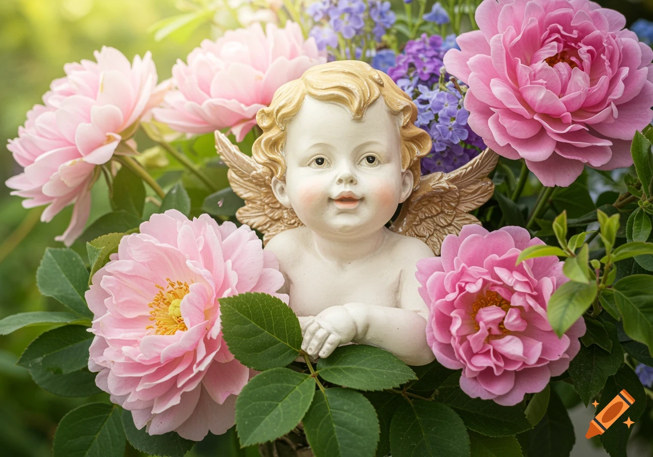 A cute cherub statue with golden wings nestled among vibrant pink roses and purple flowers in a sunlit garden.