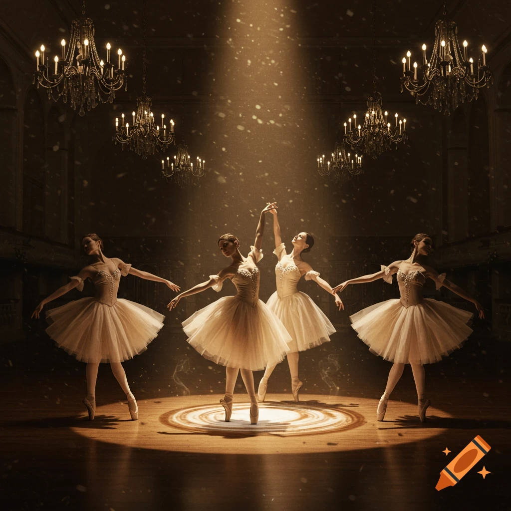 Four ballerinas in white tutus pose under a dramatic spotlight on a stage in an elegant, chandelier-lit hall.