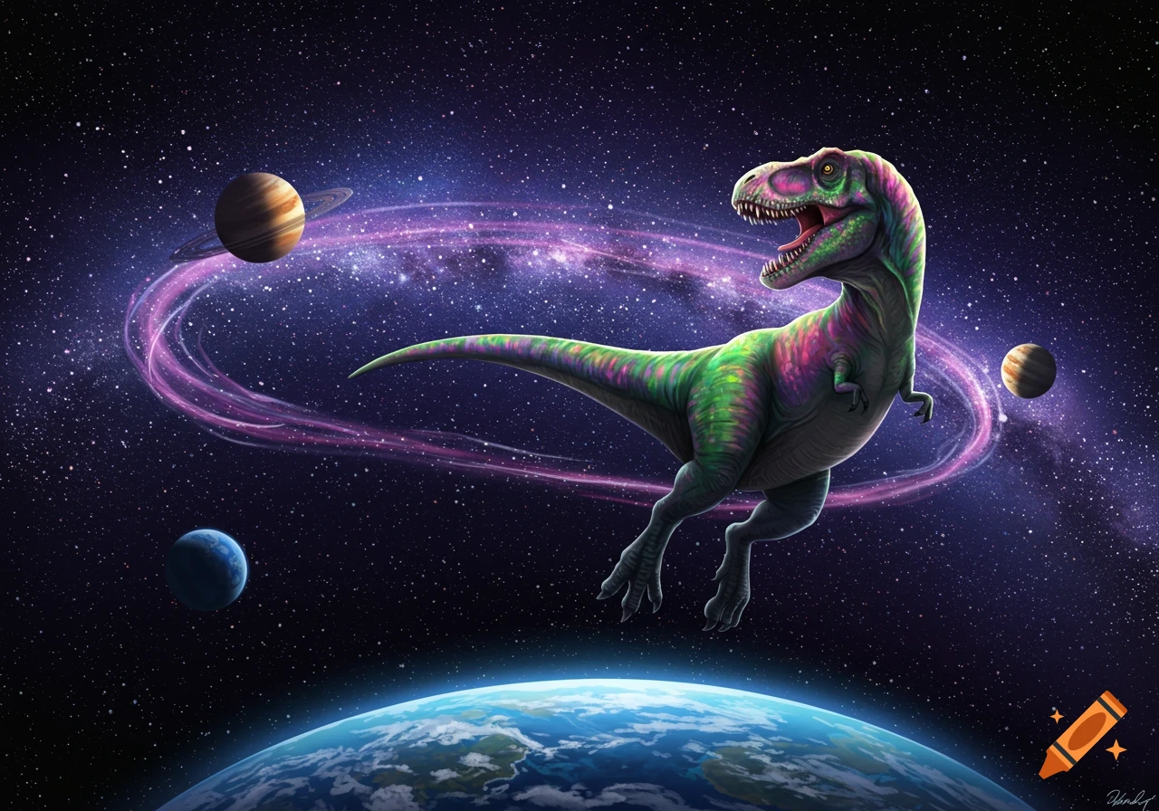 A brightly colored T-Rex floats in outer space, with Saturn, other planets, and a purple nebula. Earth is below.