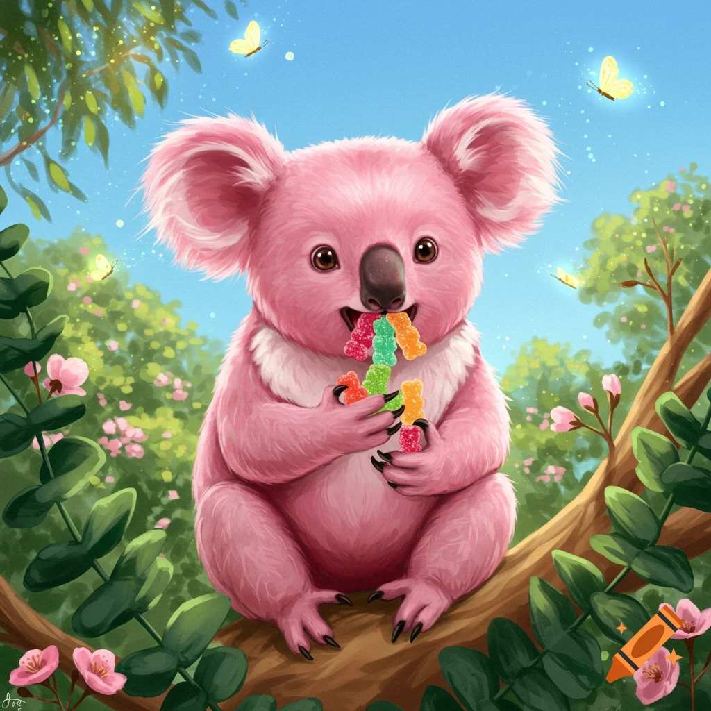 A cute pink cartoon koala sits on a tree branch, happily eating colorful gummy bears in a bright, lush forest with butterflies.