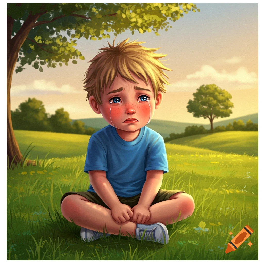 Cartoon illustration of a sad blonde boy sitting cross-legged in a sunny green field, crying with tears streaming down his face.