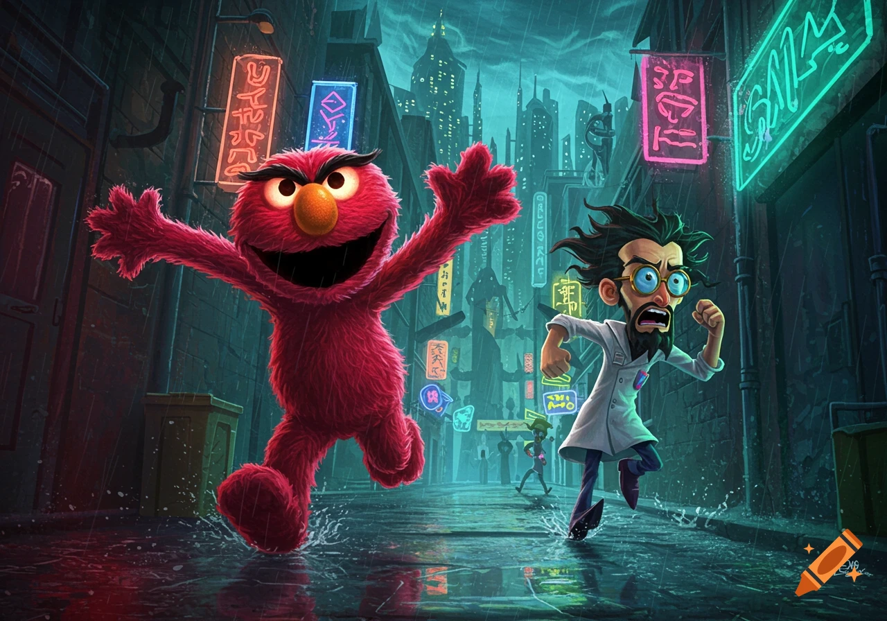 Evil Elmo chases a terrified Dr. Neo Cortex through a rainy, neon-lit cyberpunk city street, cartoon style.