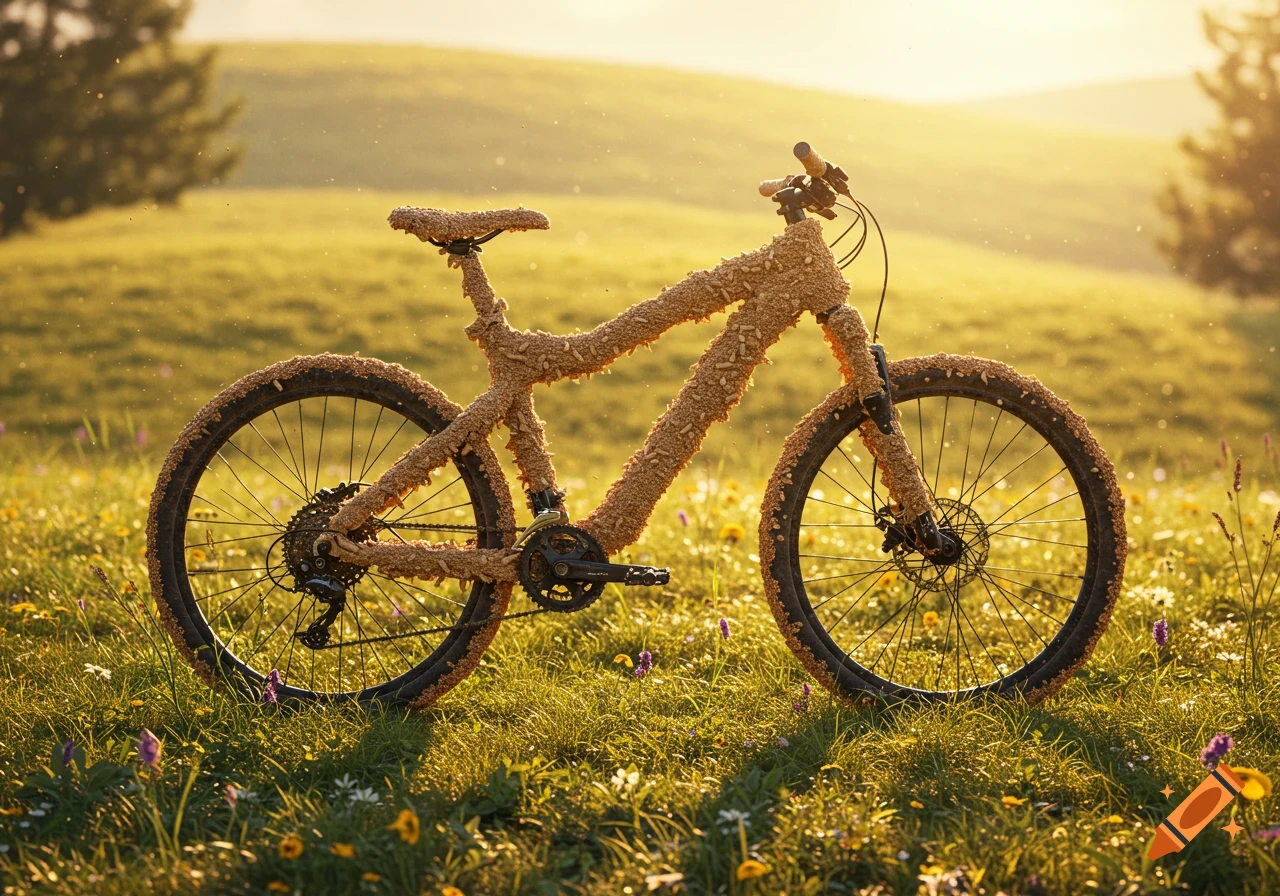 A mountain bike covered entirely in cat litter sits in a sunny, grassy field with wildflowers.