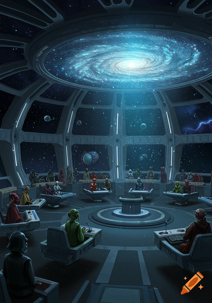 A futuristic council chamber with alien figures seated at desks, overlooking a galaxy through a large domed ceiling.