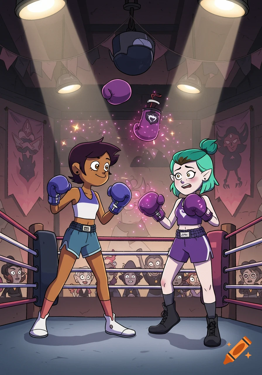 Cartoon characters Luz and Amity from The Owl House boxing in a ring with sparkling magic.