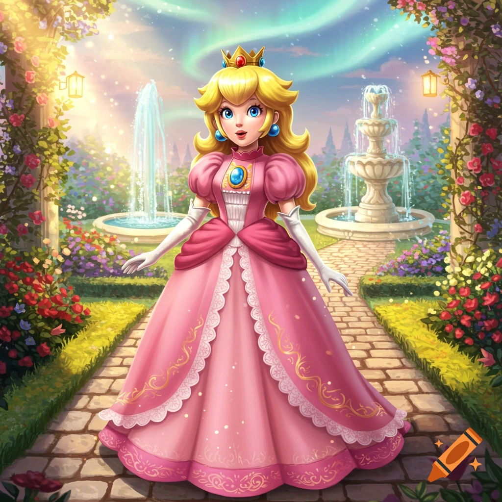 Princess Peach stands in a vibrant garden with fountains and glowing lights under a colorful sky.