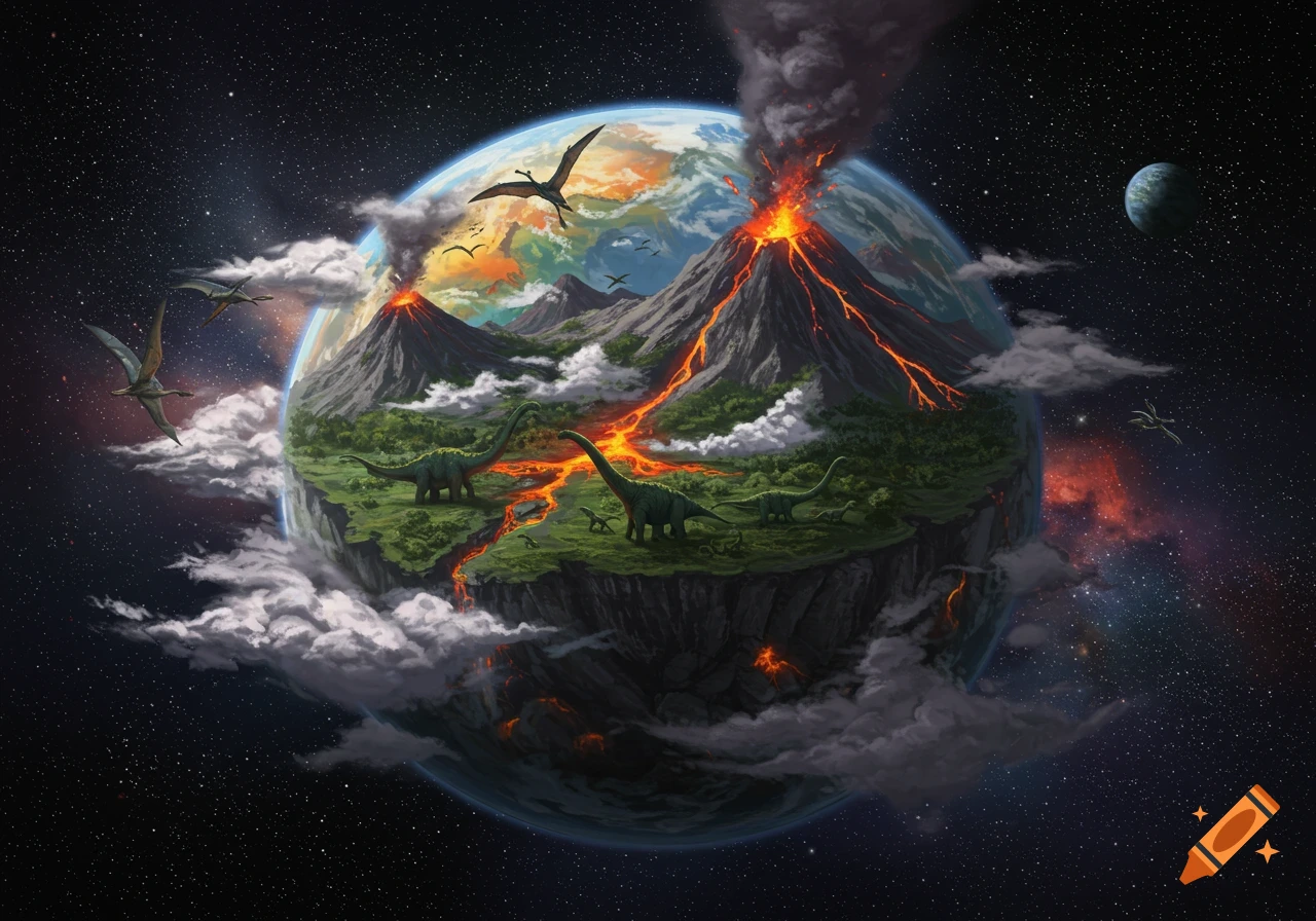 An illustration of a volcanic Earth in space, featuring dinosaurs on lush land with flowing lava, erupting volcanoes, and clouds.