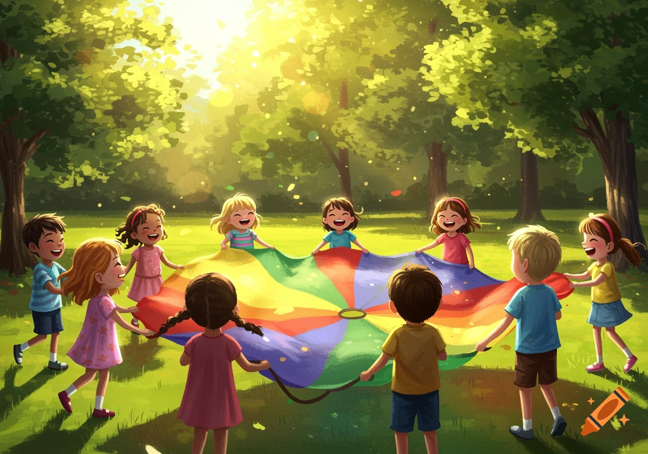 Happy children playing with a colorful parachute in a sunny park, in an illustrative style.