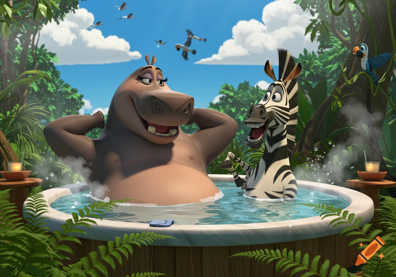 Gloria the hippo and Marty the zebra from Madagascar relaxing in a hot tub amidst lush jungle foliage, with birds flying overhead.