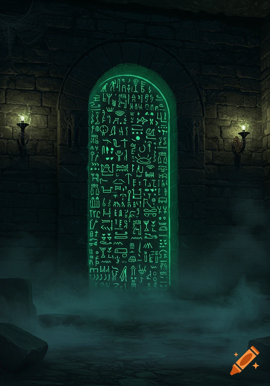 A dimly lit ancient stone archway glows with intricate green hieroglyphs, surrounded by mist in a dark, mysterious hallway.