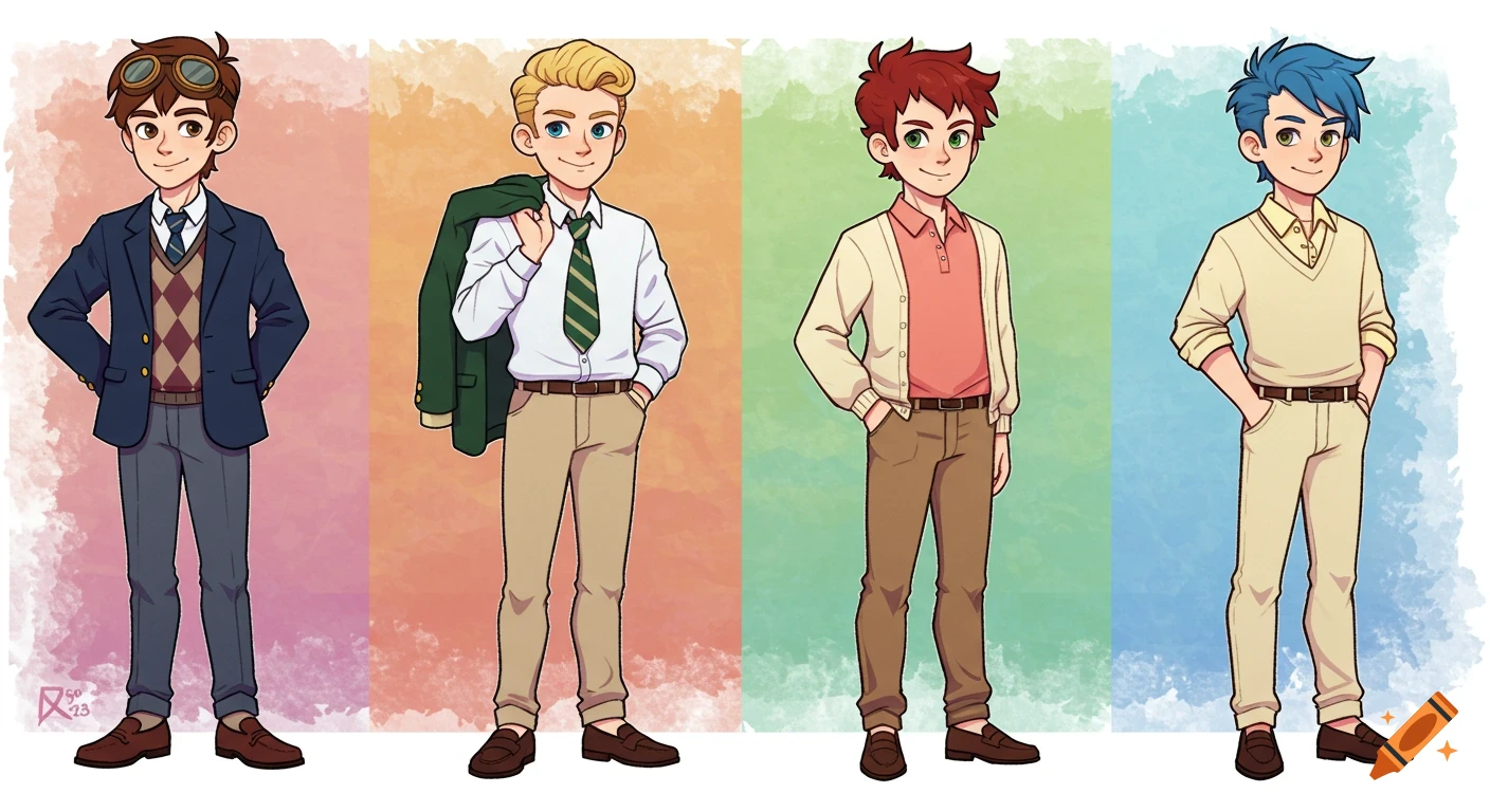 Four cartoon male characters in preppy outfits standing in a row, with various hair colors and styles, depicted in an anime style.