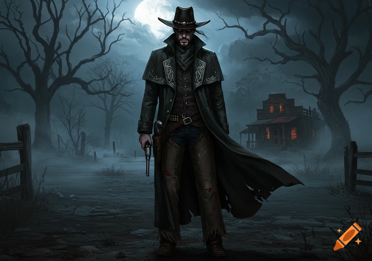 A dark fantasy cowboy with glowing red eyes and a revolver stands in a foggy, moonlit landscape with bare trees and a distant house.