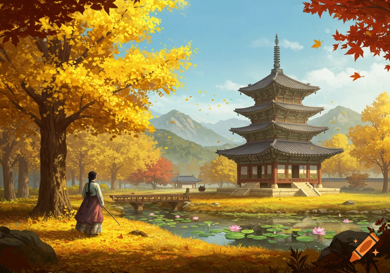A traditional Korean temple with autumn foliage, a small stream with lily pads, and a person in traditional attire overlooking the scene.