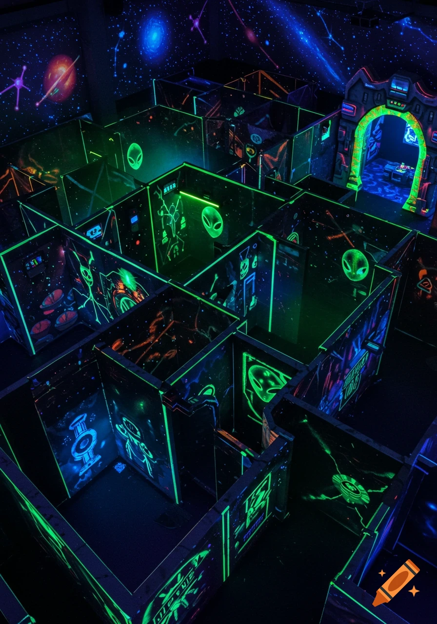 An aerial view of a dark alien-themed laser tag maze with neon green outlines, glow-in-the-dark alien faces, and cosmic wall art, featuring a large alien-themed archway to a restaurant on the right.
