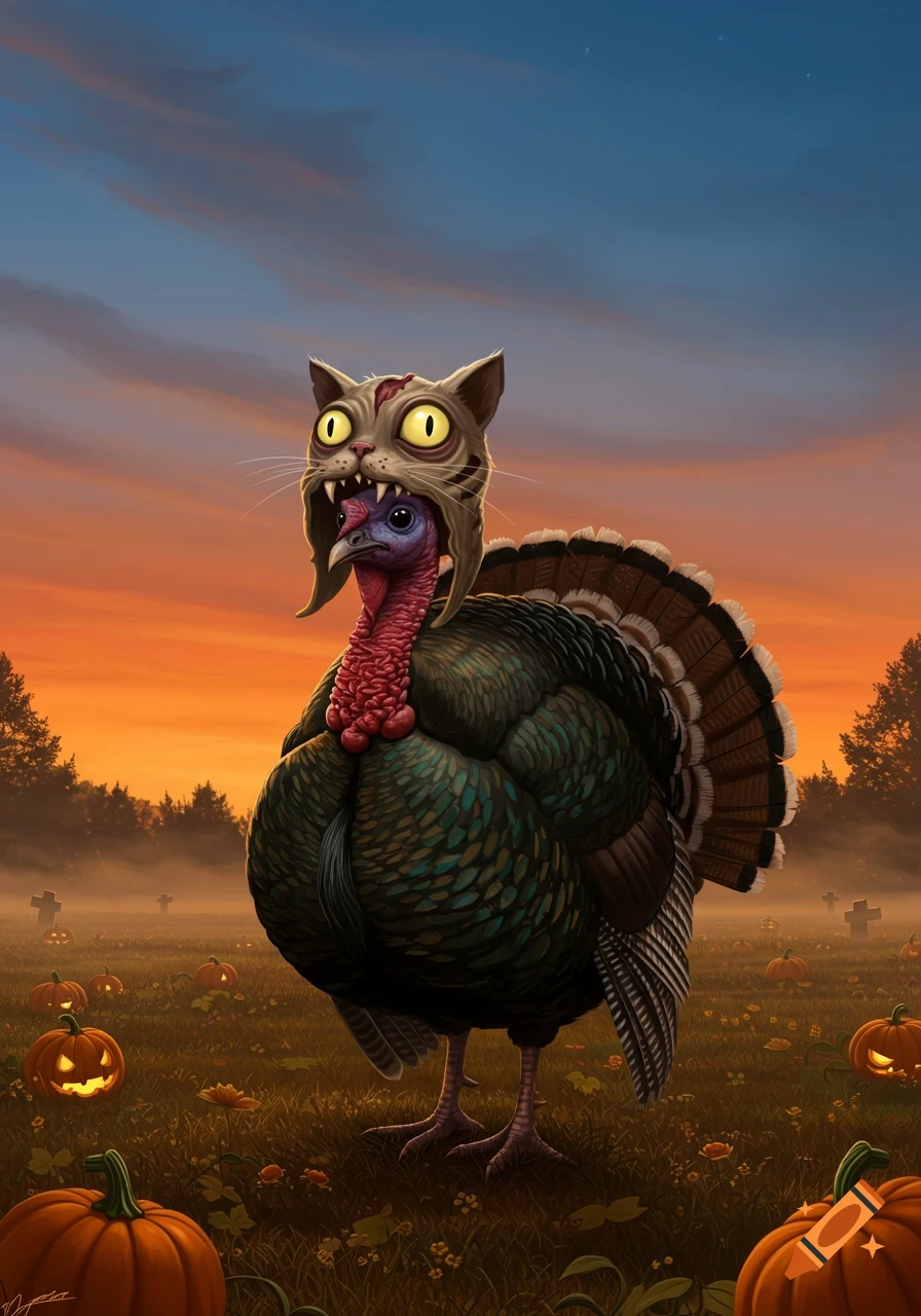 A turkey wearing a creepy zombie cat hat stands in a Halloween graveyard field filled with glowing jack-o'-lanterns at sunset.