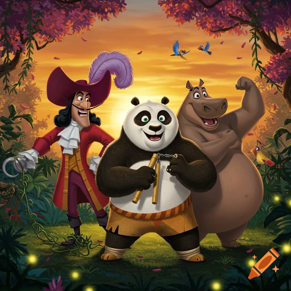 Cartoon illustration of Captain Hook, Po from Kung Fu Panda with nunchaku, and Gloria from Madagascar in a lush jungle at sunset.