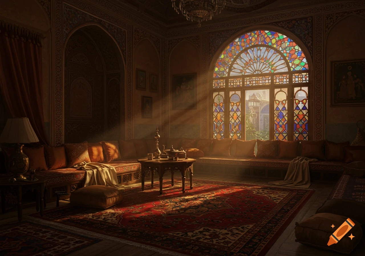 An ornate, sunlit oriental room with a large stained glass window, patterned rug, and plush seating.
