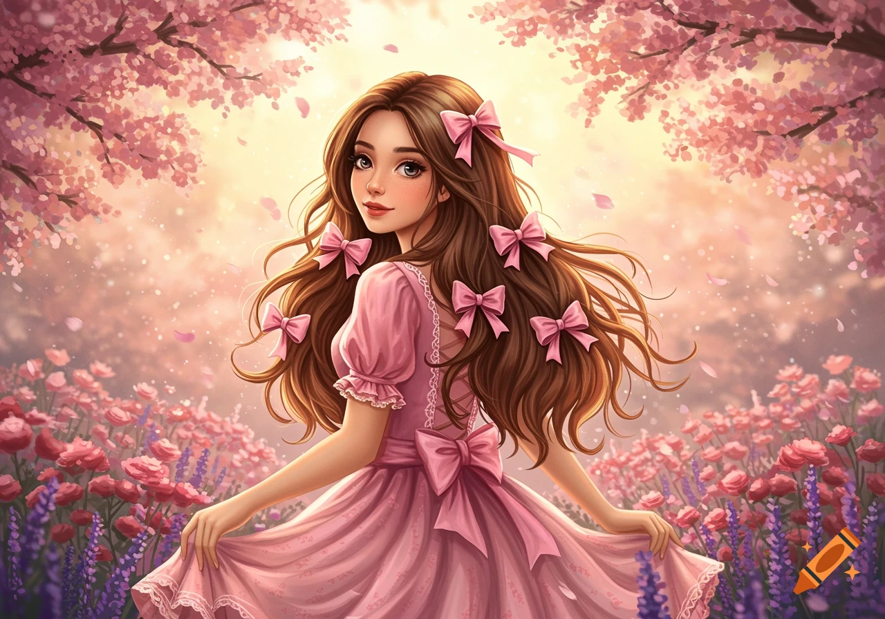 Anime girl with brown hair and pink bows, wearing a pink dress, in a vibrant field of pink and purple flowers under blossoming trees.