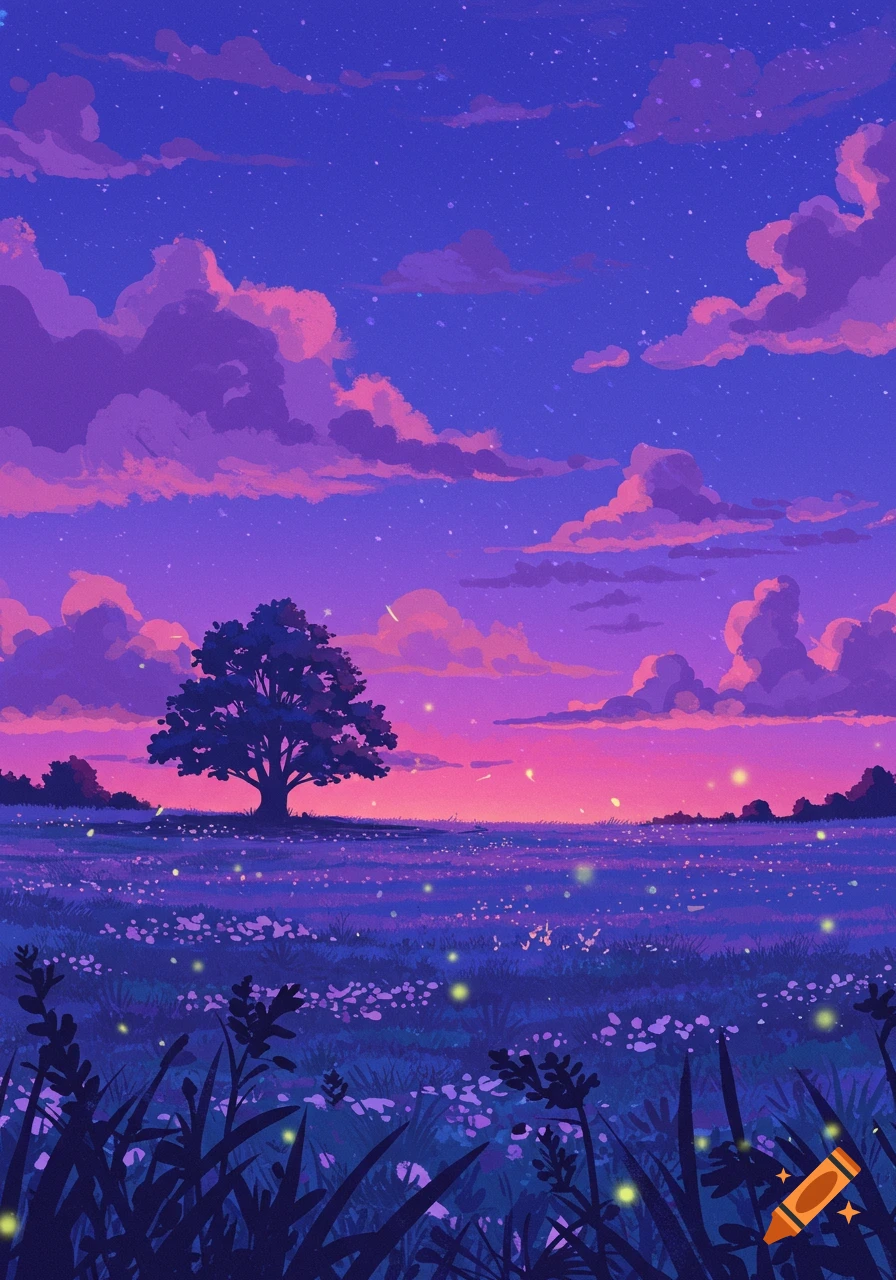 Stylized illustration of a lone tree in a purple meadow with fireflies under a vibrant pink and purple sunset sky with stars.