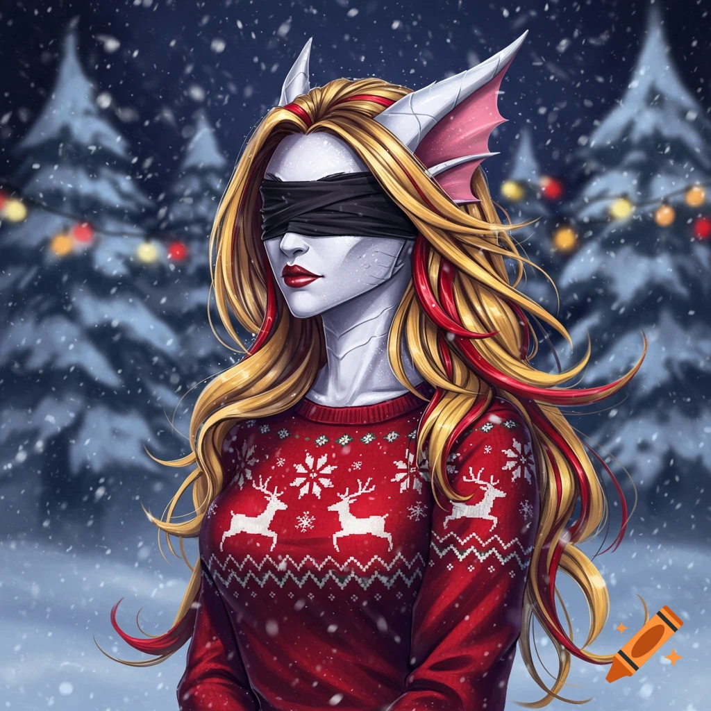 A blindfolded fantasy woman with white skin and long blonde and red hair wears a red Christmas sweater in a snowy forest.