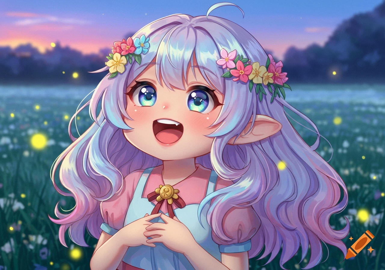 Close-up of a cute anime girl with long lavender hair, elf ears, and flowers in her hair, smiling excitedly in a field of fireflies at sunset.