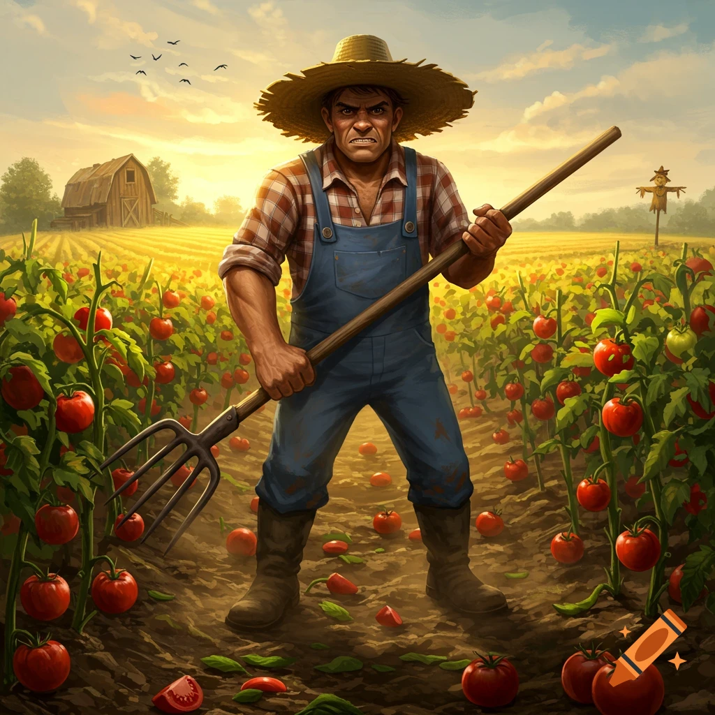 An angry farmer in a straw hat and overalls stands in a tomato field holding a pitchfork at sunset in an illustrative style.